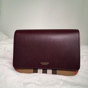 Burberry Dark Red Leather Clutch with Check Accents